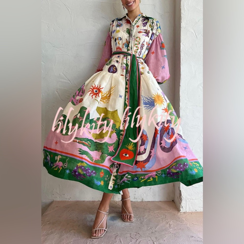 Unique Bohemian Whimsical Balloon Sleeve Midi Dress
